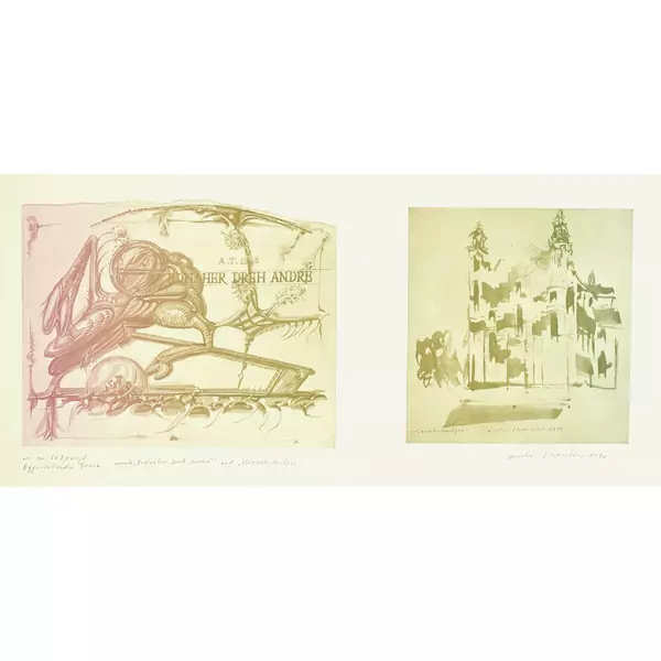 André Thomkins — Erdbaher Dreh André und Vierzehnheiligen. - Quadroculiste. - Ombilical. - Peintuer. - Le peintre en sa forêt. - Sous champignons. - Dicipation des passions d'ici. - Elba idee diable. - Hotel-Vogel. - Grand bavard. - Lose oder in der Dose (2x) - Ohn — Galerie Kornfeld