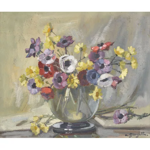 Angelo Giorgetti — Stillleben mit Anemonen in einer Glasvase.