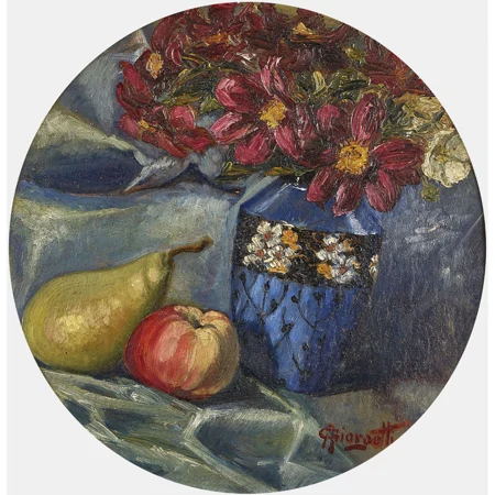 Stillleben mit Blumenvase und Kernobst