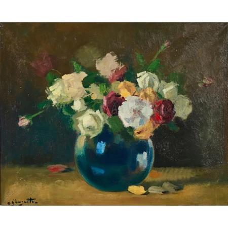 Stillleben mit Rosen in blauer Glasvase