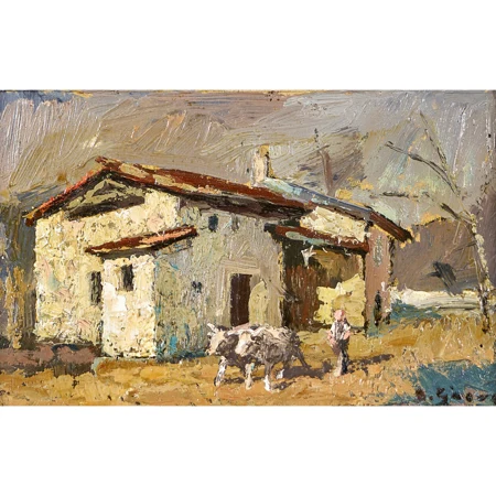 Haus im Tessin mit Bauer und Ochsenpaar