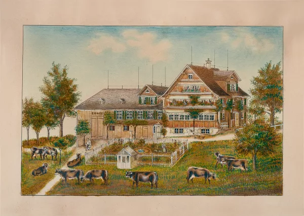 Anna B. Aemisegger-Giezendanner — Weidende Kühe vor Toggenburgerhaus
