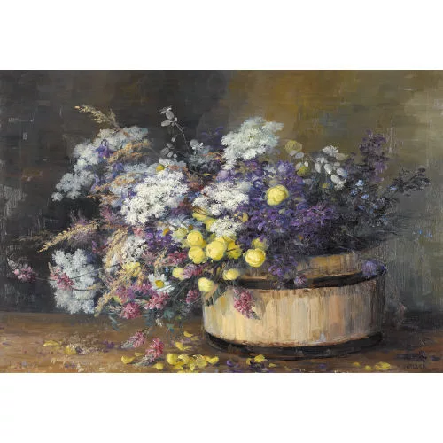 Anna Haller — Reiches Stillleben mit Frühlingsblumen in Bottich.