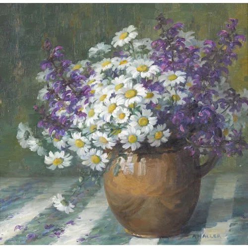 Anna Haller — Stillleben mit Margeriten und Löwenmäulchen.