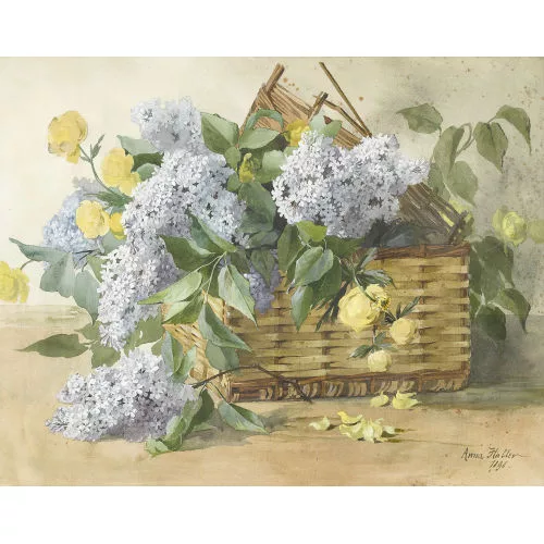 Anna Haller — Stillleben mit Flieder und Trollblumen in einem Korb.