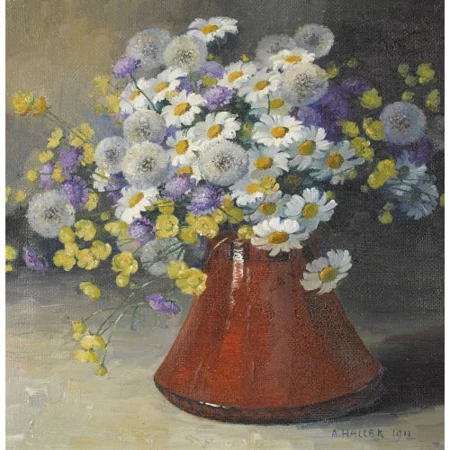 Stillleben mit Wiesenblumen in roter Vase