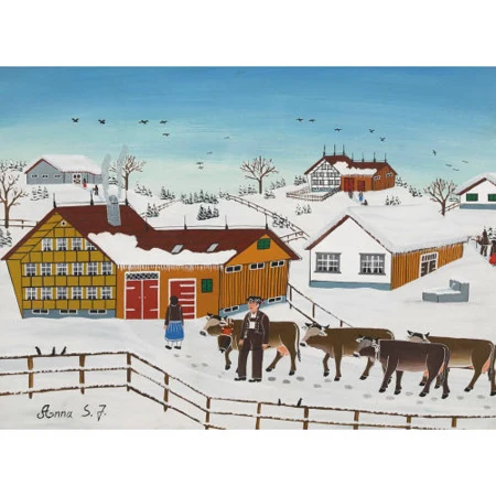 Appenzeller Winterlandschaft mit Dorf und Kühen