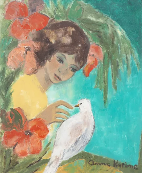 Anne Karine — Anne KARINE (1919), 'Portrait de jeune fille à la colombe', huile