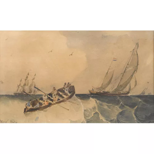 Antoine Léon Morel-Fatio — Stürmische See mit Ruderboot und Segelschiffen.