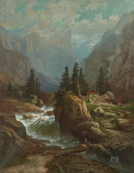 Anton Bütler — Gebirgsbach vor Wetterhorn mit Hirten