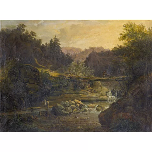 Anton Bütler — Gebirgsbach mit Brücke und Hirtin.