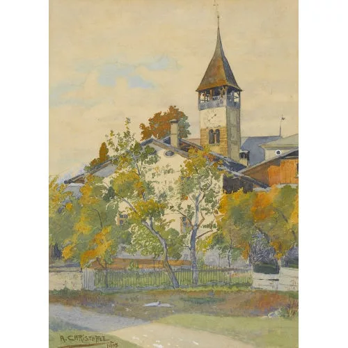 Anton Christoffel — Bündner Dorf mit Kirchturm.
