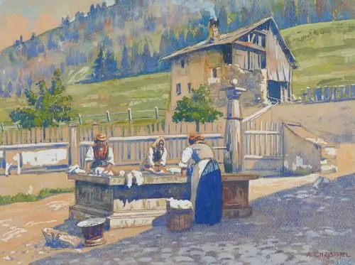 ANTON CHRISTOFFEL — Wäscherinnen am Dorfbrunnen. — Koller Auktionen