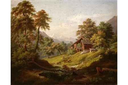 Schweizer Landschaft mit Bauernpaar, Tieren und 2336Winterlin Anton1804 Degerfelden - 1894 Basel