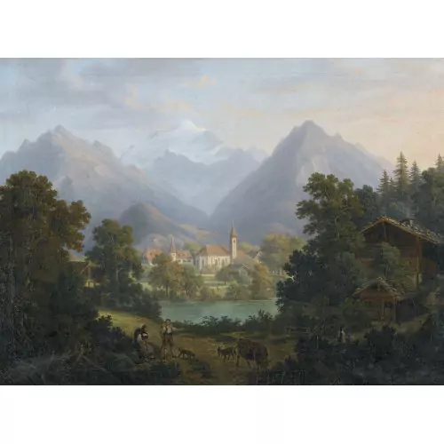 Idyllische Landschaft mit Bergkulisse und Dorf
