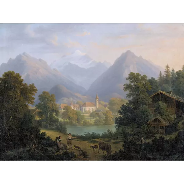 Idyllische Landschaft mit Bergkulisse und Dorf