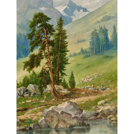 Tessiner Alp mit Hirtenpaar und Schafen