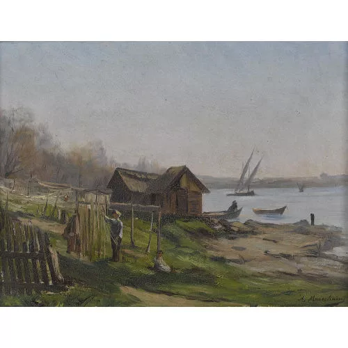 Armand Mauchain — Seeuferpartie mit Fischerhaus und Figurenstaffage.