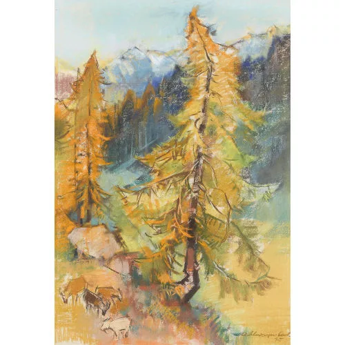 Armin Schwarzenbach — Herbstliche Gebirgspartie mit Lärchen.
