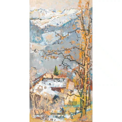 Armin Schwarzenbach — Landschaftspartie im Frühling mit Bauernhaus am Hang.