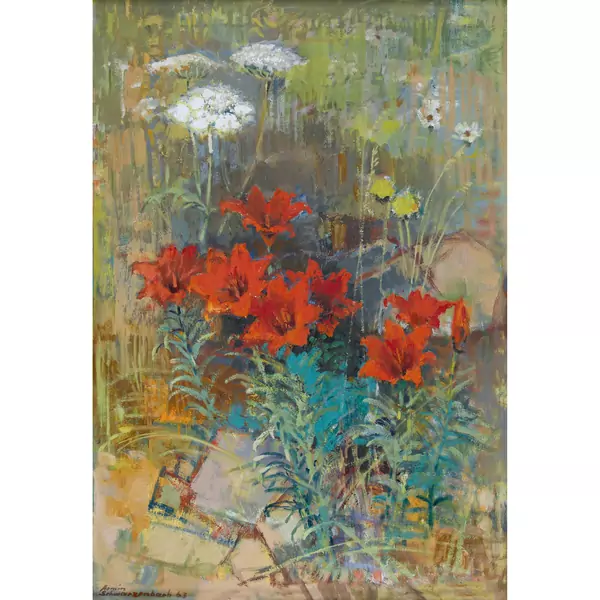 Gartenpartie mit roten Lilien