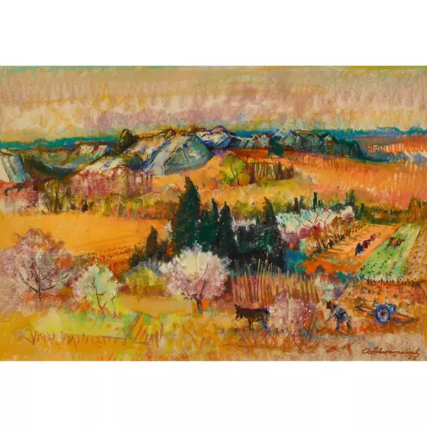 Sommerliche Landschaft mit Bauern bei der Feldarbeit
