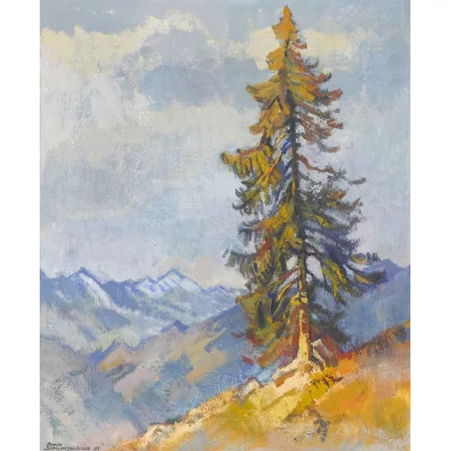 Armin Schwarzenbach — Herbstliche Landschaft mit Nadelbaum.