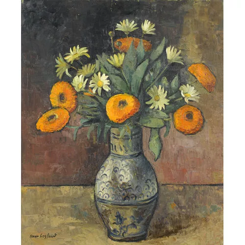 Arne Siegfried — Stillleben mit Margeriten und Zinien in Steinzeugvase.