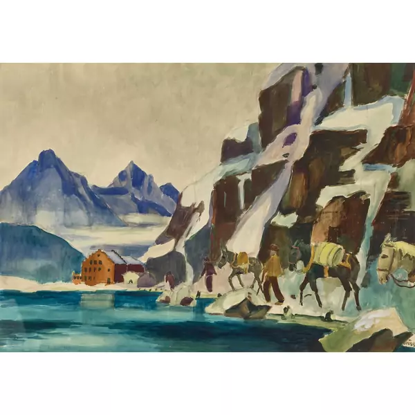Winterliche Berglandschaft mit Säumern und Eseln