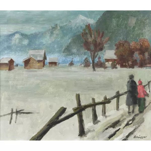 Winterliche Tallandschaft mit Passanten und Häusern