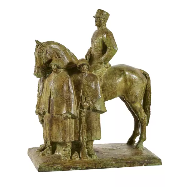 General Guisan zu Pferd mit vier Soldaten