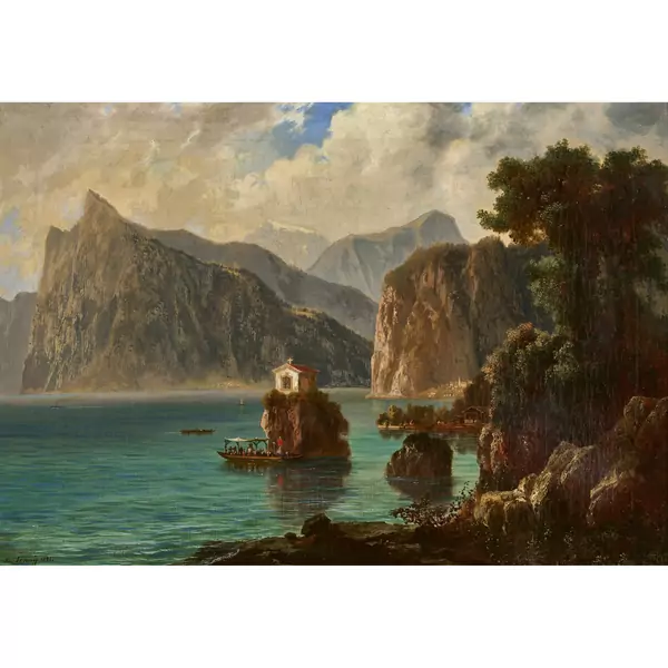Bergsee mit Bootsprozession