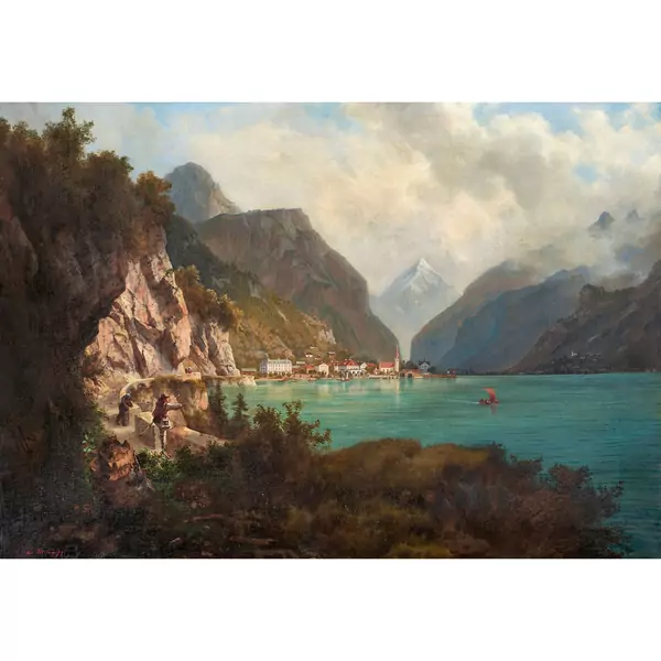Blick auf Flüelen am Vierwaldstättersee mit Bristenstock