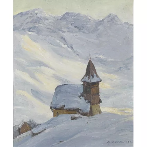 Arnold Zord — Kirche vor winterlicher Berglandschaft.