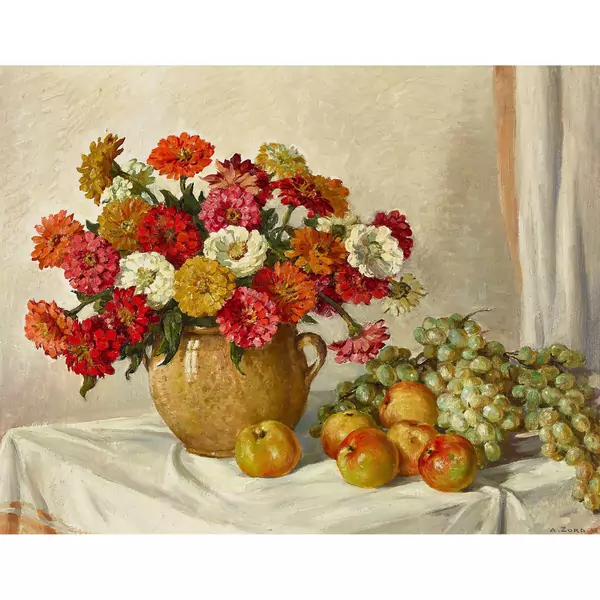 Stillleben mit Zinnienstrauss, Trauben und Äpfeln