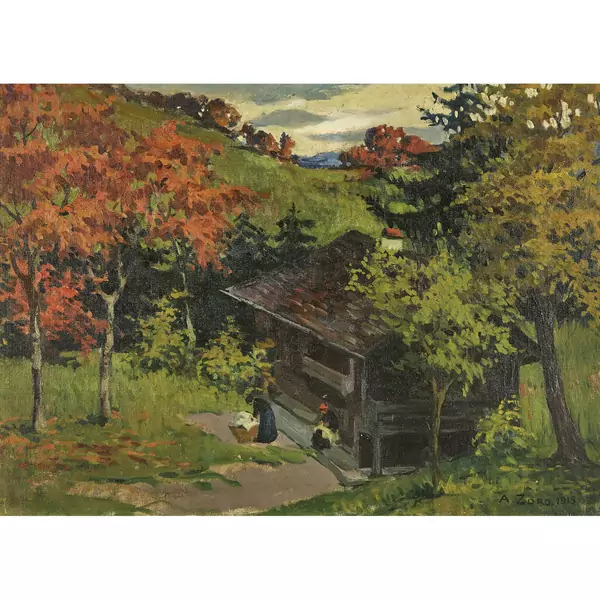 Herbstlandschaft mit Haus und Bäuerinnen mit Wäsche