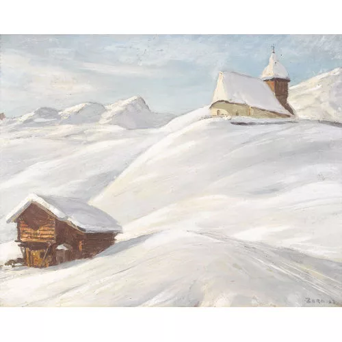Arnold Zord — Kirche von Innerarosa im Schnee.