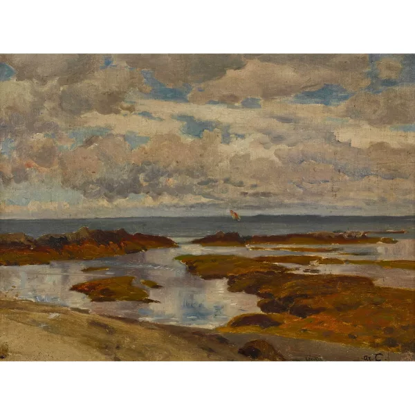 Arthur Calame — Küstenlandschaft mit Segelschiff.