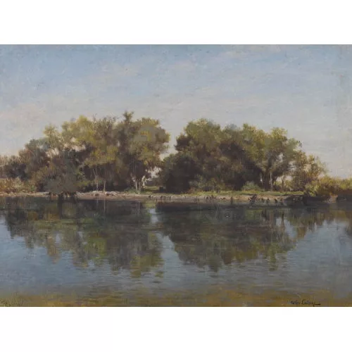 Arthur Calame — Sonniges Ufer mit sich spiegelnden Bäumen im Wasser.