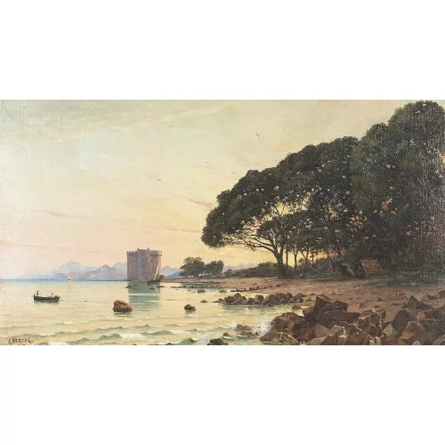 Arthur Herzog — Abendliche Küstenpartie mit Burg.