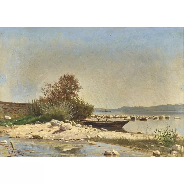 Arthur Herzog — Sonniges Seeufer mit Ruderboot.