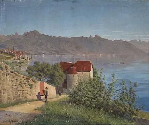 Arthur Herzog — Glérolles Castle with Lake Geneva, Saint-Saphorin, mountains. 1900.