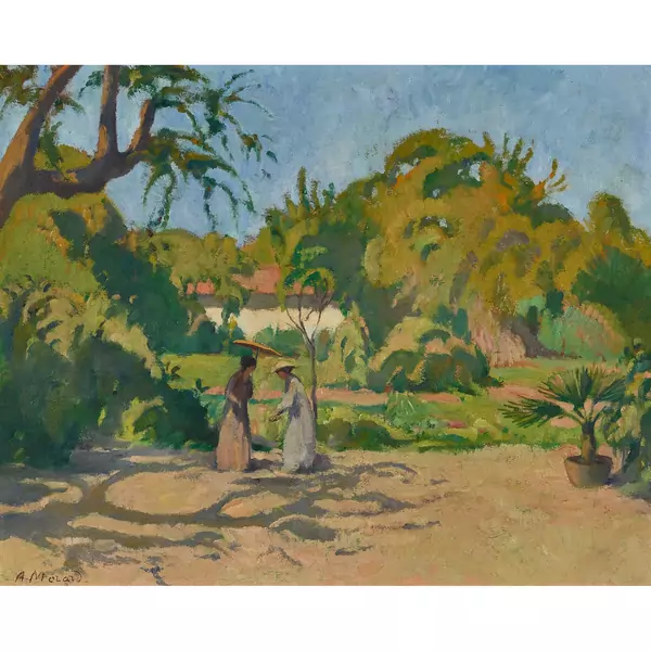 Sonniger Garten mit zwei Frauen unter dem Sonnenschirm