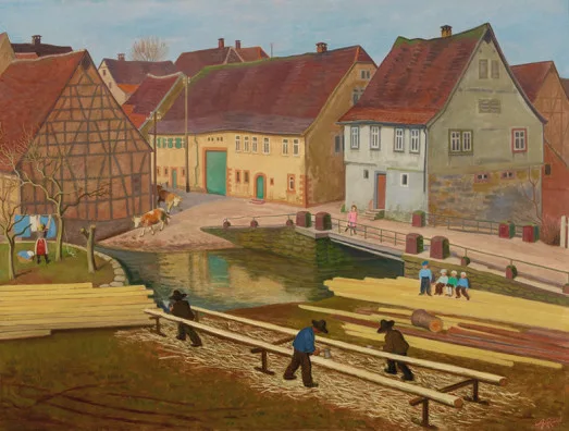 Arthur Riedel — Dorfszene mit Zimmermannen
