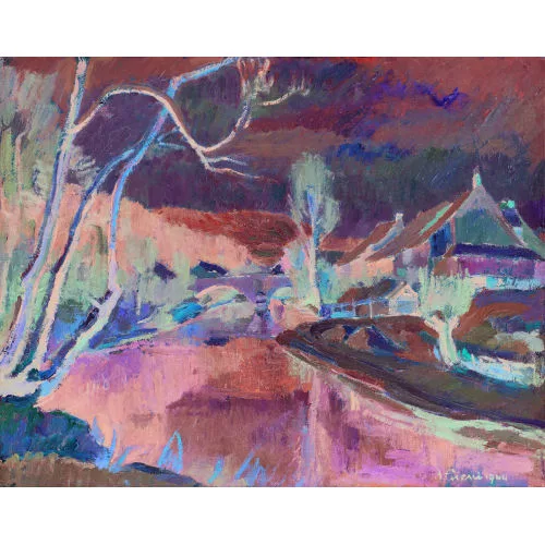 August Cueni — Winterliche Landschaftspartie mit Brücke bei Laufen.