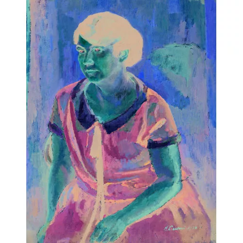 August Cueni — Porträt einer Frau im grünen Kleid.