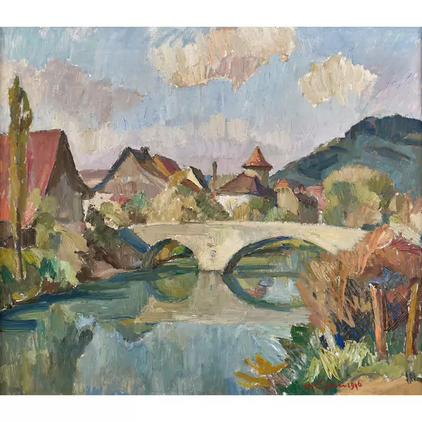 Sommerliche Landschaft bei Laufen mit Brücke