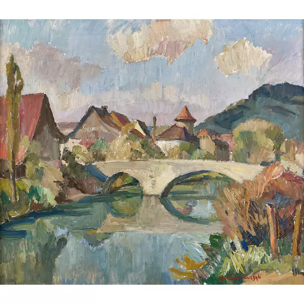 Sommerliche Landschaft bei Laufen mit Brücke