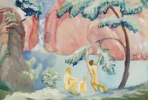 August Macke — Drei Knaben am Wasser. Verso: Weibliche Akte, Frauen am Tisch