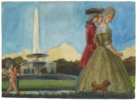 August Macke — Ein Herr mit zwei Damen und Hund im Park, gefolgt von Amor